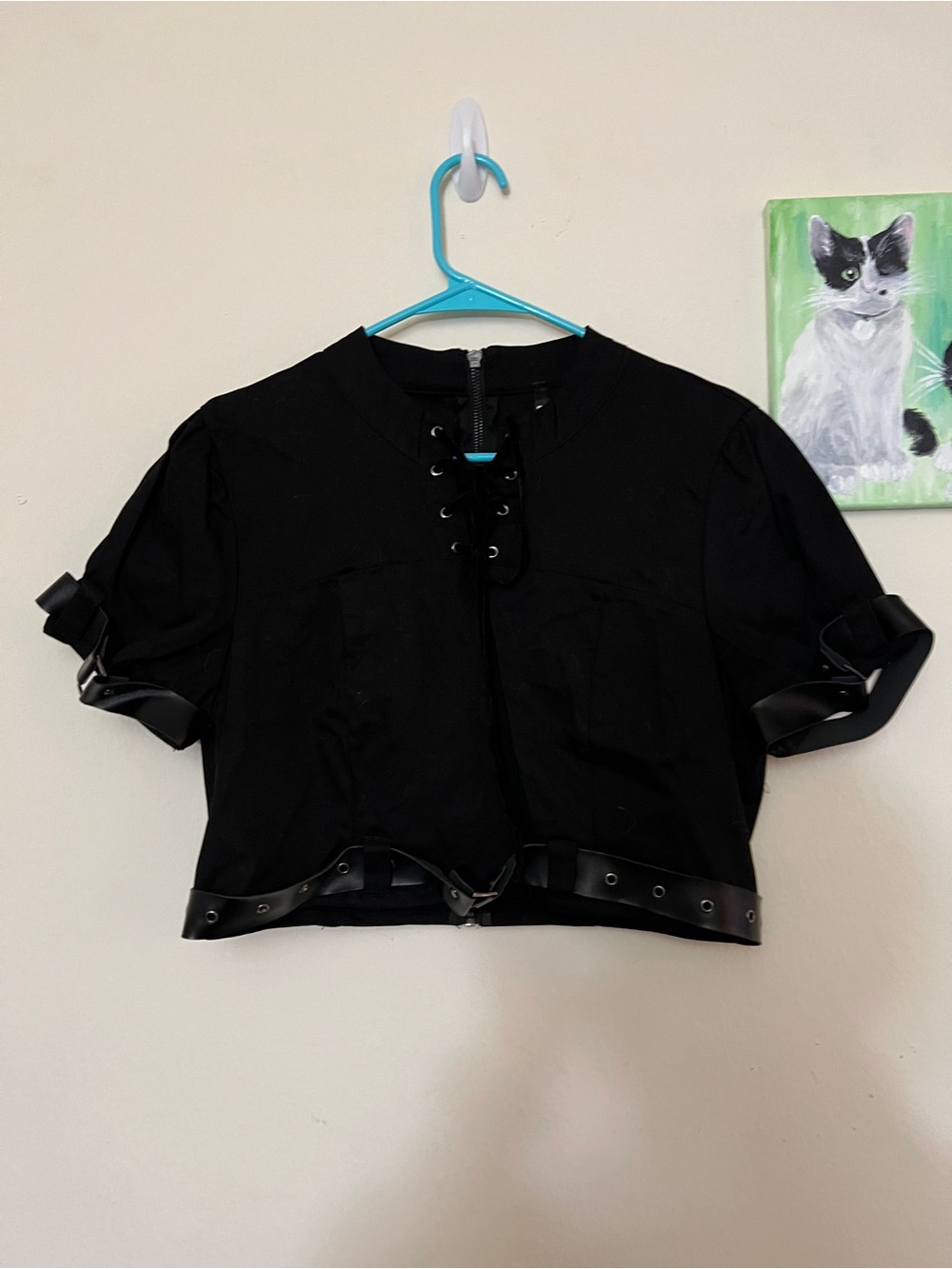 Dangerfield black goth lace up crop top with PU leather straps, boxy fit. AU14